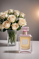 A bottle of premium perfume, surrounded by a bouquet of fresh roses., Ai-generated - 729867318