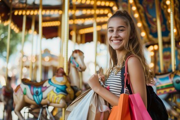 Fototapeta premium smiling girl with bags near a carousel