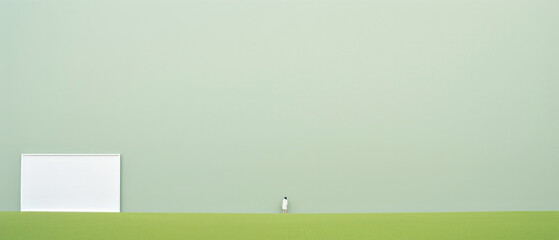 Fototapeta premium Massive blank canvas on a green field with a single person, portraying potential and minimalism.