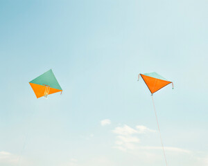 Two vibrant kites soaring in the clear blue sky, symbolizing fun and freedom.