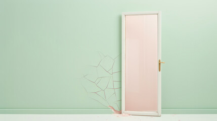 Damaged pink door with broken glass pieces on the floor. Concept of abandonment or break-in.
