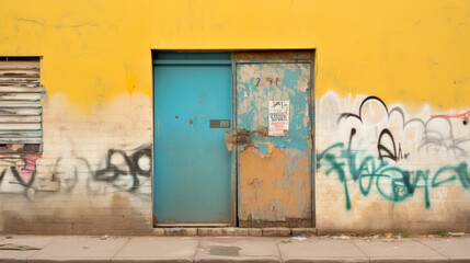 Aged urban door with graffiti on a distressed yellow wall.