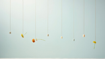 Hanging yellow flowers with pastel blocks against a pale blue backdrop.