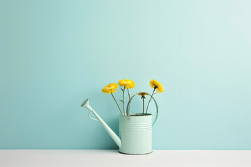 Minimalist floral arrangement with yellow flowers in a watering can.