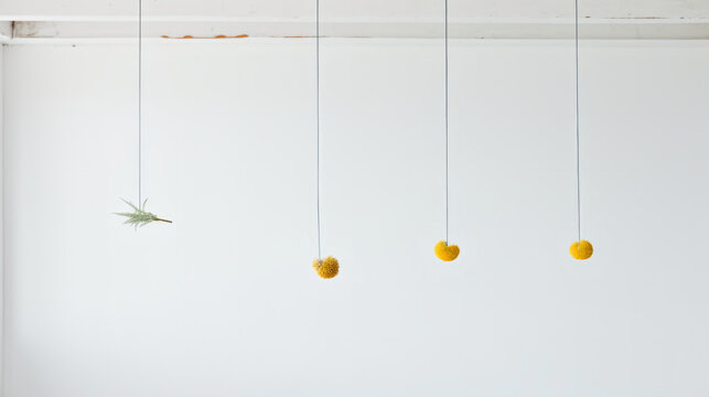 Contemporary Wall Art With Hanging Yellow Flowers And White Cubes.