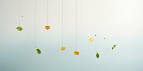 Scattered leaves and fruits on a serene blue background, representing autumn’s gentle fall.