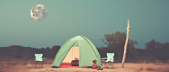 Serene night camping scene with tent under a full moon in a desert landscape.