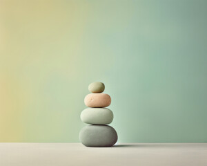 Stacked stones in a balanced formation on a smooth surface with a gradient background, symbolizing stability and tranquility.