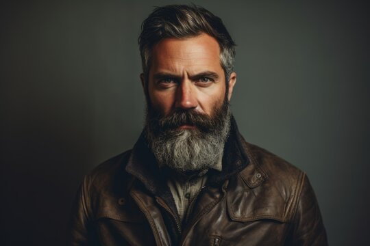 Portrait of a bearded man in a leather jacket. Men's beauty, fashion.