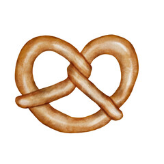Watercolor illustration of a traditional pretzel isolated on a white background. Flavorful pastry with curved shape hand drawn. Fresh bun with sea salt. For menu design or bakery tags.