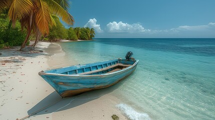 Sailing in Paradise A Blue Boat on the Beach Generative AI