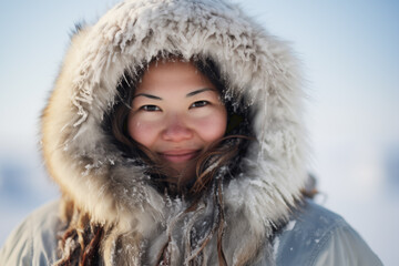 Portrait of a young eskimo woman dressed in typical furs looking at camera outdoors snowing - obrazy, fototapety, plakaty