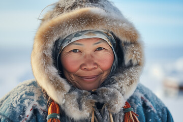 Portrait of an elderly Eskimo woman dressed in typical furs looking at camera outdoors snowing - obrazy, fototapety, plakaty