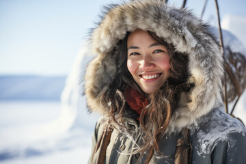 Portrait of a young eskimo woman dressed in typical furs looking at camera outdoors snowing - obrazy, fototapety, plakaty
