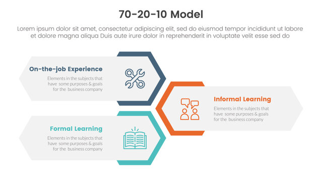 70 20 10 model for learning development infographic 3 point stage template with vertical honeycomb hexagon shape layout for slide presentation
