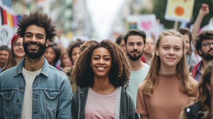 Obraz premium image of women in action in the middle of a big city, colorful shades and spotlights create a cheerful and strong atmosphere, AI generated images