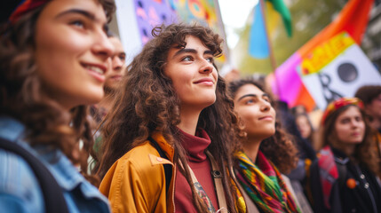 image of women in action in the middle of a big city, colorful shades and spotlights create a cheerful and strong atmosphere, AI generated images