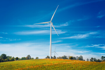 Wind generators on the hill, electrical installation of wind turbines, windmills, ecological energy with care for the planet.