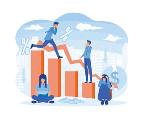 Panicking people amid the collapse of stock quotes. Conceptual business story. Financial crisis, economic recession, bankruptcy, depression. flat vector modern illustration