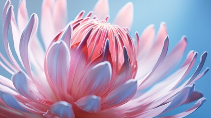 Beautiful protea flower against light blue background, close up. 