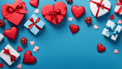 Blue background postcard with red hearts, gift boxes Valentine's Day concept.