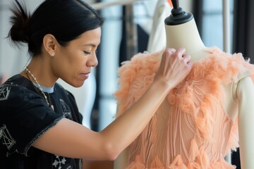 designer adjusting peach fuzz summer dress on a mannequin - obrazy, fototapety, plakaty