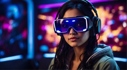 Futuristic Vision. A woman with a futuristic look wearing AR vision pro glasses and a VR headset in a neon-lit gaming studio.