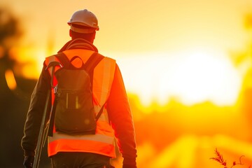 safety vestclad worker with tools walking away in sunset light