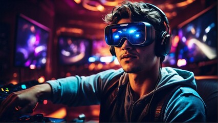 Gamer of the Future: A male gamer ready for action with AR vision pro glasses and a VR headset in an energetic neon gaming studio.