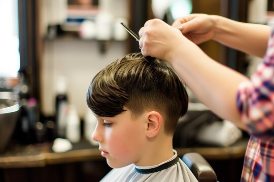 boy in a barber chair, hairdresser snipping his bangs