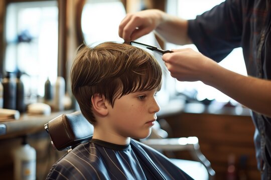 boy in a barber chair, hairdresser snipping his bangs