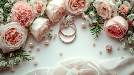 Fototapeta premium A beautiful arrangement of roses with wedding rings surrounded by wedding fresh floral decoration a touch of wedding elegance. Decorative gifting beautifully for a celebration. Generative AI