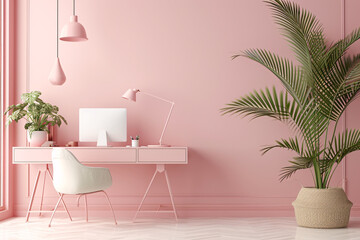 Interior Home living Room, Minimalist Scandinavian Plants Vase and Frame on Pink wall sunlight from window