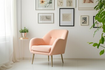designer peach armchair in a gallerystyle white room with framed pictures