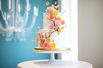 elegant white fondant wedding cake with sugar roses in display