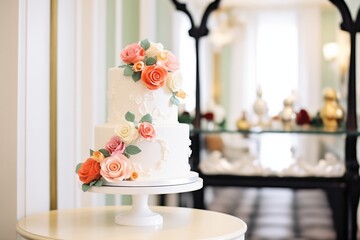 elegant white fondant wedding cake with sugar roses in display