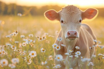 Calf in a Field of Wildflowers at Sunset, A young cow stands amidst a field of daisies, bathed in the warm glow of the setting sun. - obrazy, fototapety, plakaty