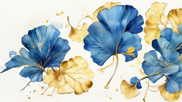 watercolor Art banner with golden and blue ginkgo leaves in art line style, motion