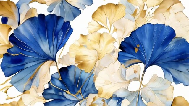 Abstract luxury art background with ginkgo leaves in blue, beige and gold tones, motion