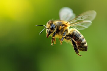 Honeybee Mid-Flight with Pollen Baskets, Macro photography of a honeybee in flight, showcasing its compound eyes and pollen baskets on a green background.