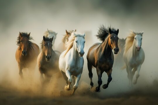 Herd of Horses Running Free at Dusk, A dynamic image capturing the power and freedom of a herd of horses galloping together through a cloud of dust at dusk.