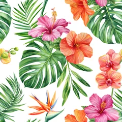 Fototapete Tropische Pflanzen Seamless pattern Palm leaves, watercolor botanical painting. Jungle monstera leaf, hibiscus flowers bird-of-paradise