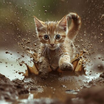 Domestic cat activity in the mud jumping and acting funny making its body dirty, great for web pet shop, advertising, business etc. Generative AI