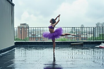 ballerina in purple tutu pirouettes on rainsoaked roof terrace