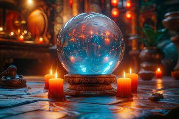 Front view of a crystal ball surrounded by mystical elements like candles and runes, creating a magical space for text. Concept of fortune-telling and mystery. Generative Ai.
