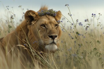 stalking lion with a crown of violets in tall grass