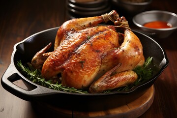 Fototapeta premium Delicious roasted chicken with crispy golden crust on elegant table