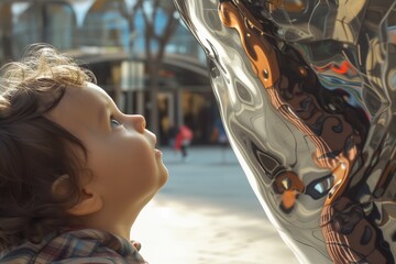 child gazing up at a reflective metal artwork in a plaza
