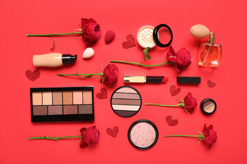 Cosmetic products with roses and hearts on red background. Valentine's day celebration