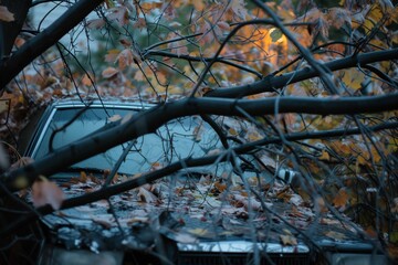 tree branches and leaves enveloping a cars exterior